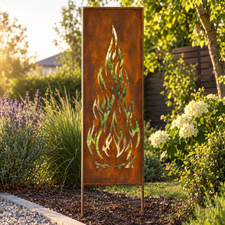 Sichtschutz Gartenpaneel Metall – Motiv Flamme, 160 × 50 cm