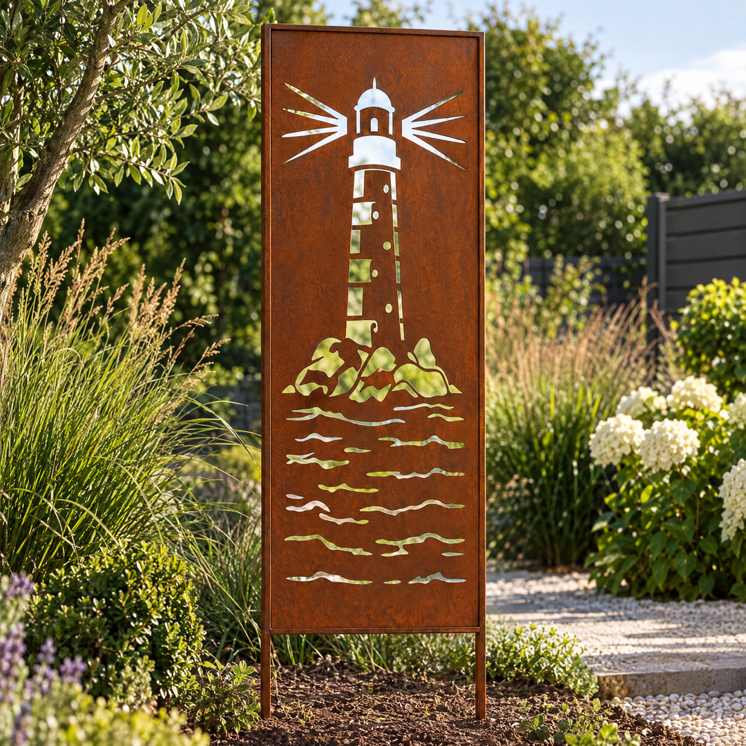 Sichtschutz Gartenpaneel Metall – Motiv Leuchtturm, 160 × 50 cm