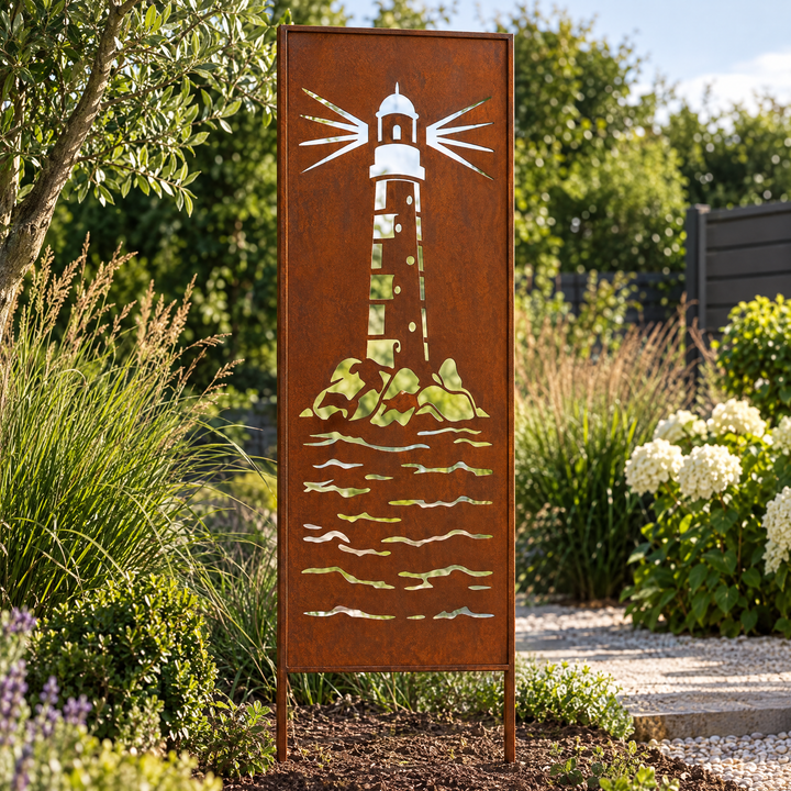 Sichtschutz Gartenpaneel Metall – Motiv Leuchtturm, 160 × 50 cm