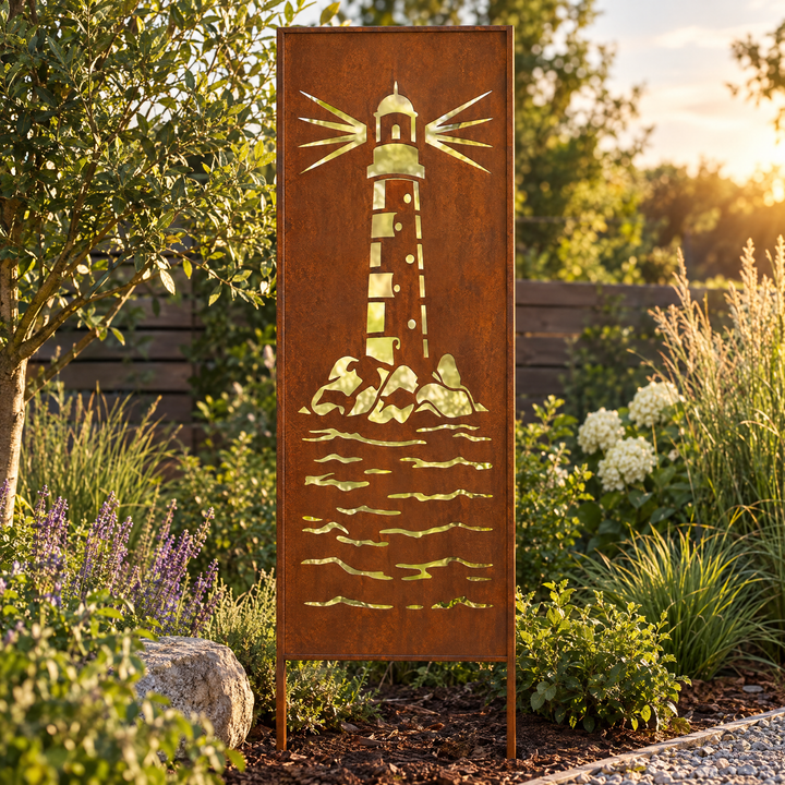 Sichtschutz Gartenpaneel Metall – Motiv Leuchtturm, 160 × 50 cm
