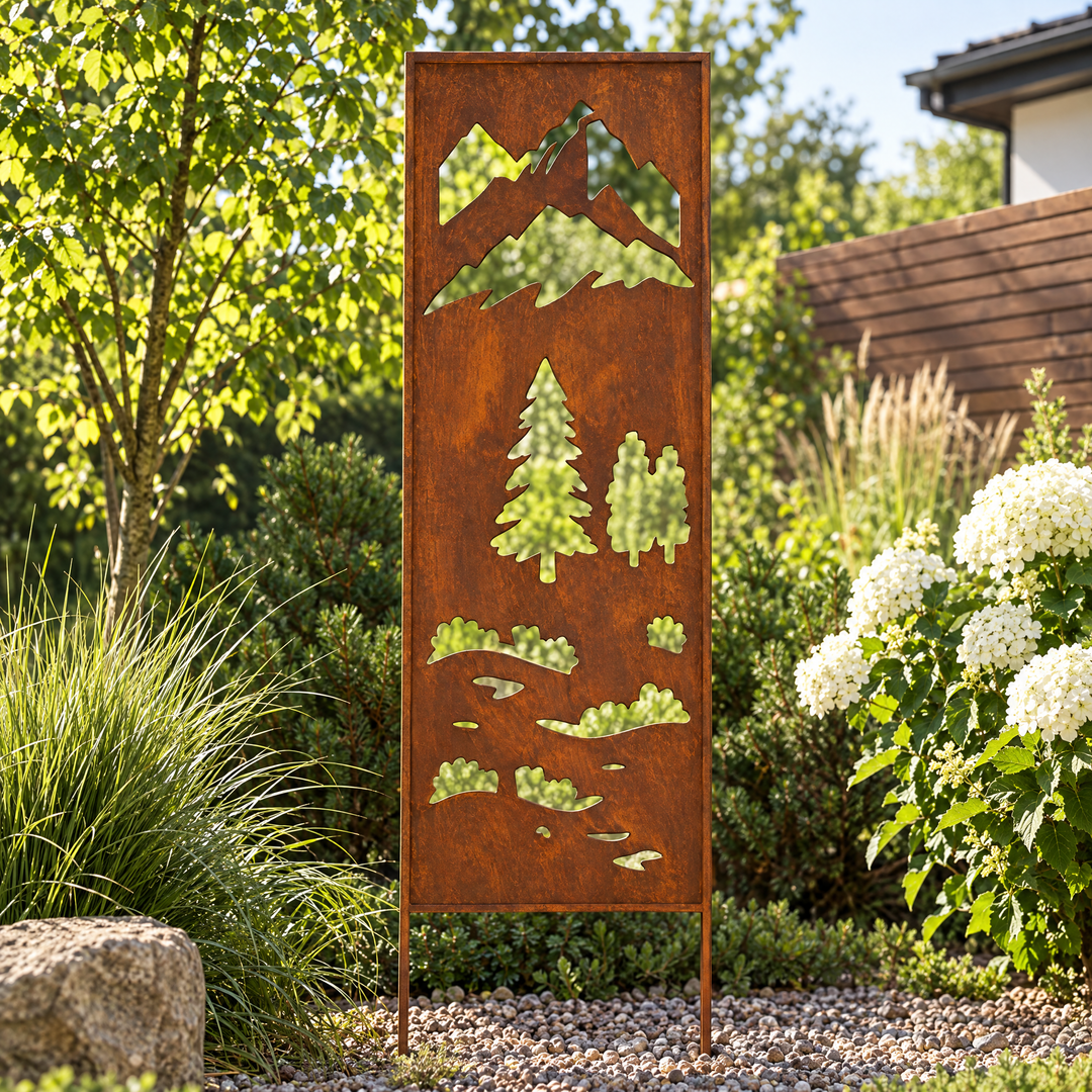 Sichtschutz Gartenpaneel Metall – Motiv Wiese und Berge, 160 × 50 cm