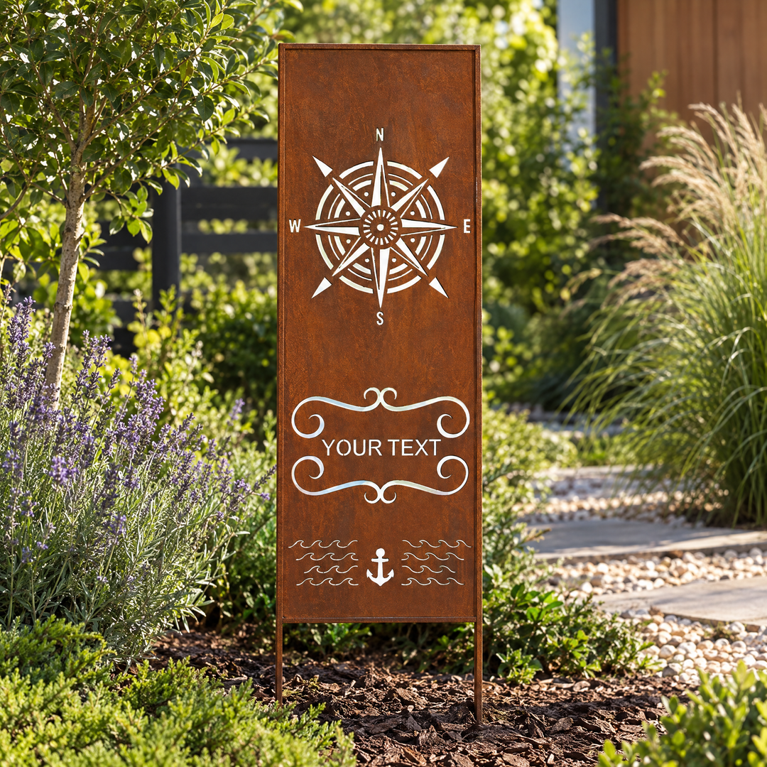 Sichtschutz Gartenpaneel Metall – Motiv Windrose mit personalisiertem Text, 160 × 50 cm