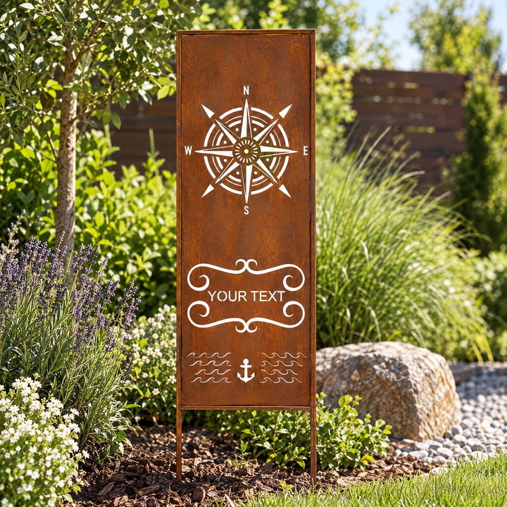Sichtschutz Gartenpaneel Metall – Motiv Windrose mit personalisiertem Text, 160 × 50 cm