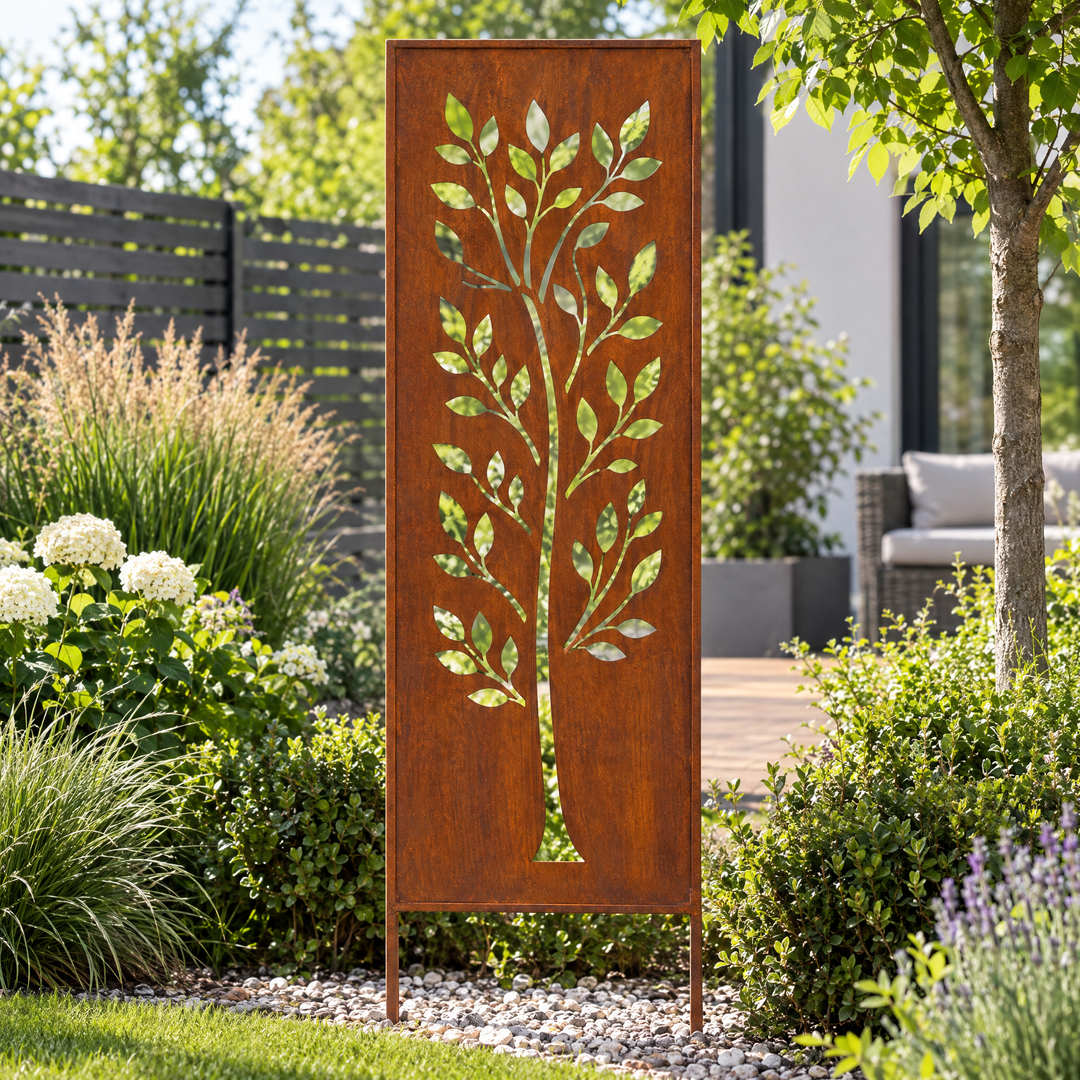 Sichtschutz Gartenpaneel Metall – Motiv Großer Laubbaum, 160 × 50 cm
