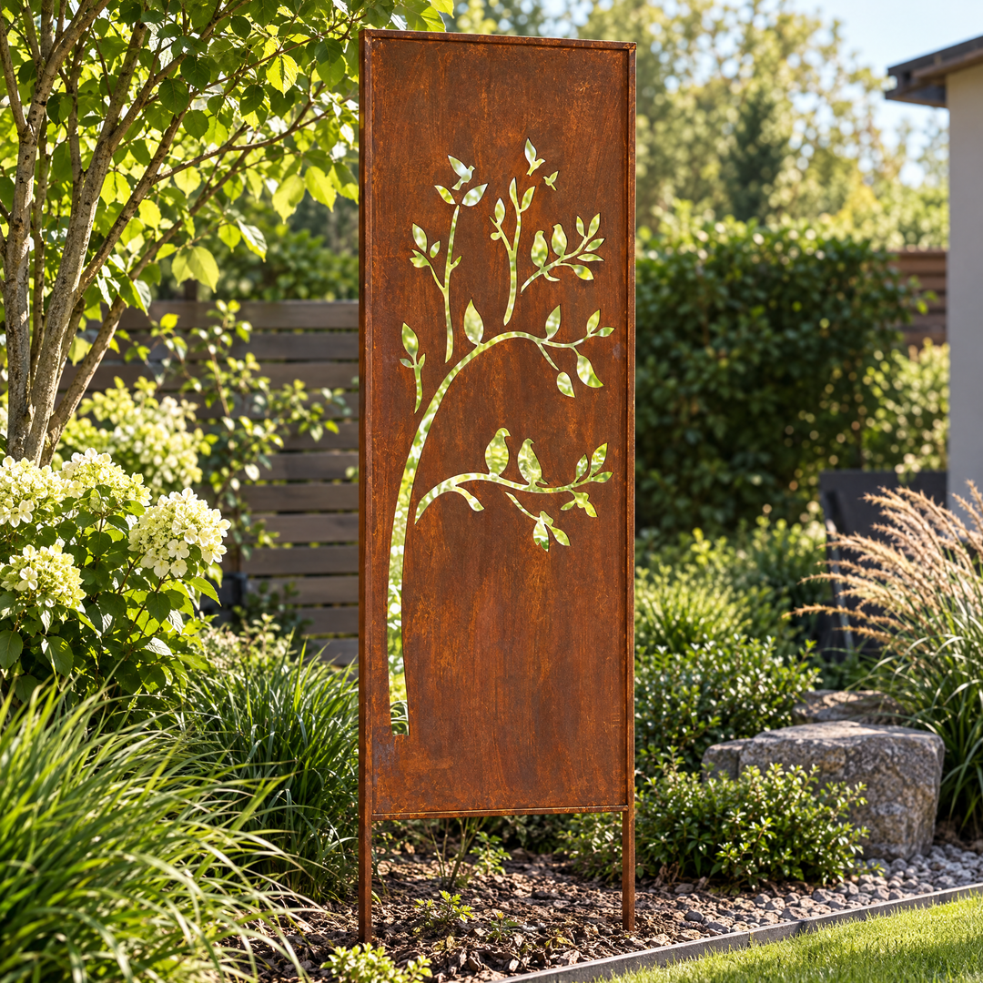 Sichtschutz Gartenpaneel Metall – Motiv Vögel im Baum, 160 × 50 cm
