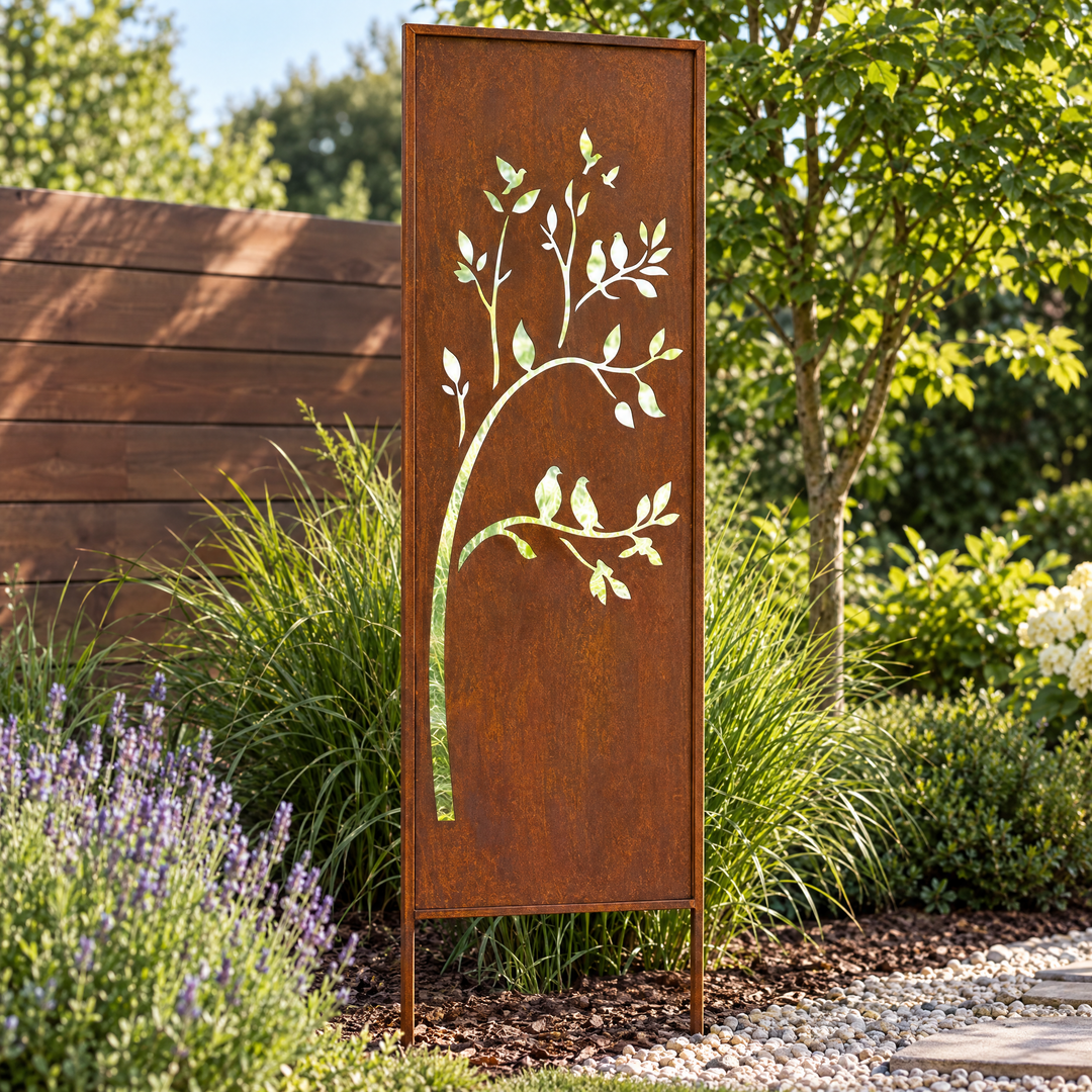Sichtschutz Gartenpaneel Metall – Motiv Vögel im Baum, 160 × 50 cm