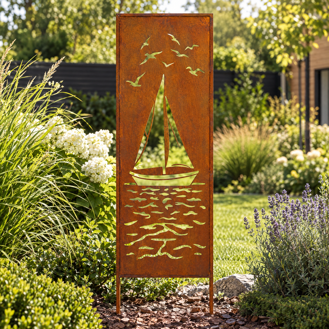 Sichtschutz Gartenpaneel Metall – Motiv Segelboot, 160 × 50 cm