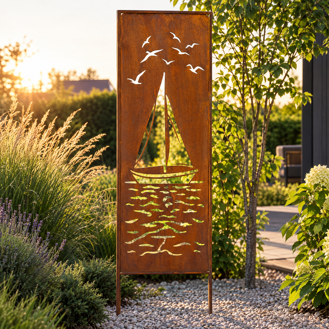 Sichtschutz Gartenpaneel Metall – Motiv Segelboot, 160 × 50 cm