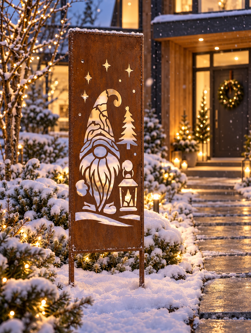 Sichtschutz Gartenpaneel Metall – Motiv Weihnachtswichtel, 160 × 50 cm