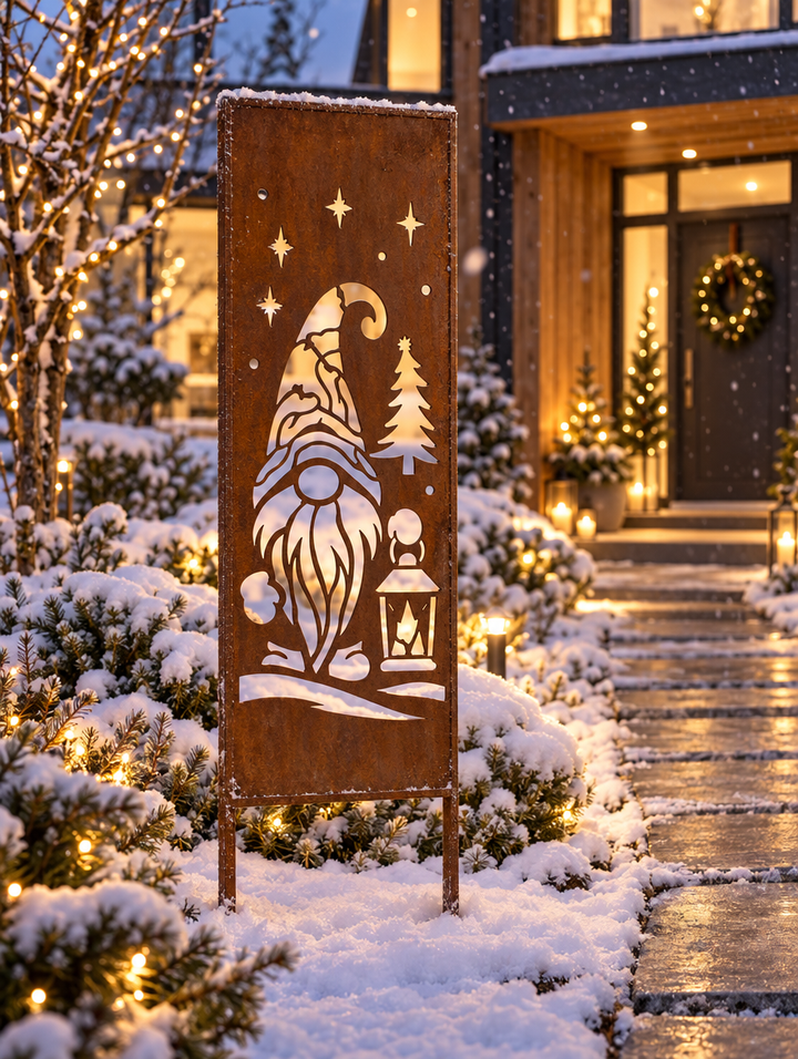 Sichtschutz Gartenpaneel Metall – Motiv Weihnachtswichtel, 160 × 50 cm
