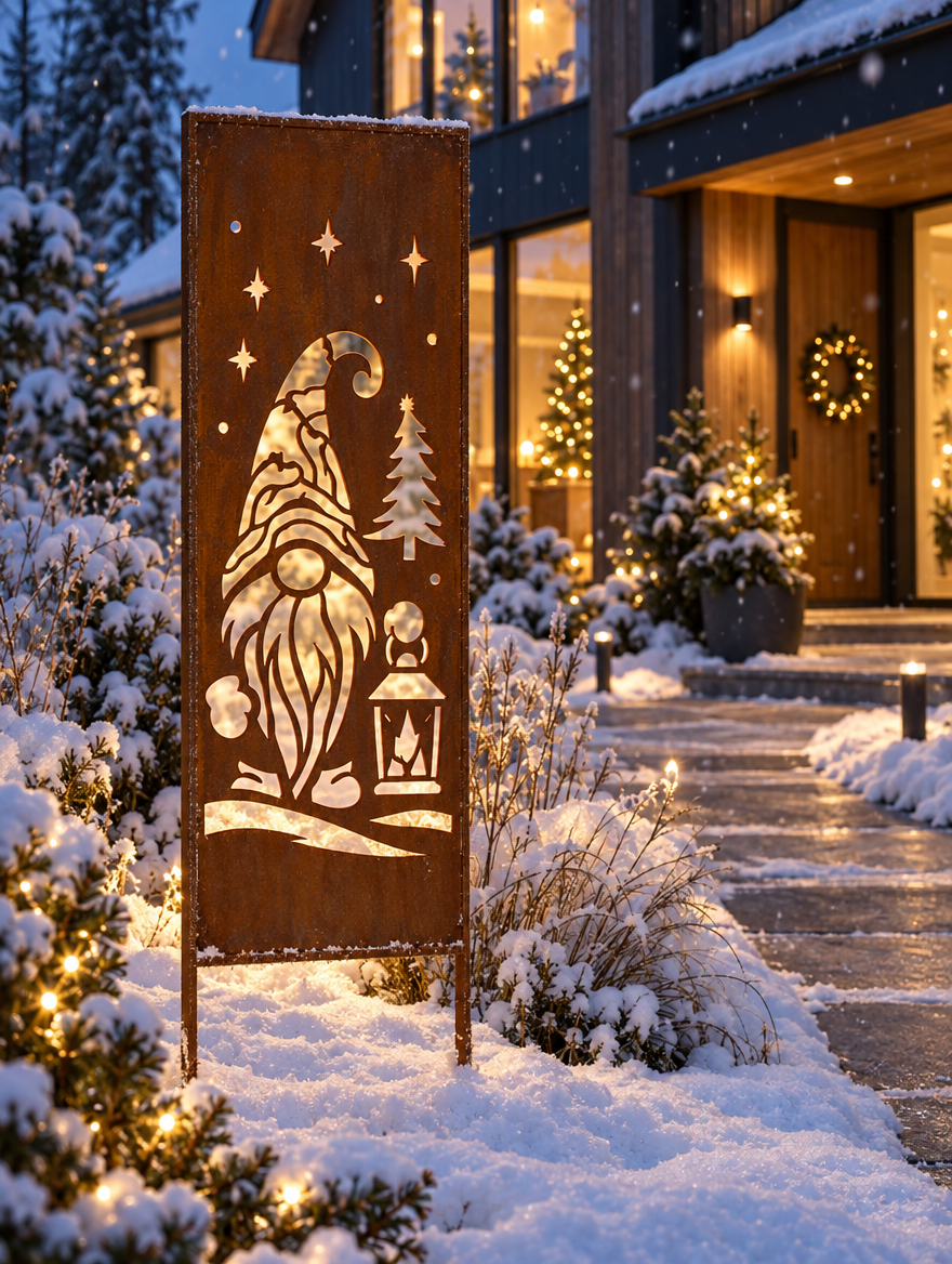 Sichtschutz Gartenpaneel Metall – Motiv Weihnachtswichtel, 160 × 50 cm