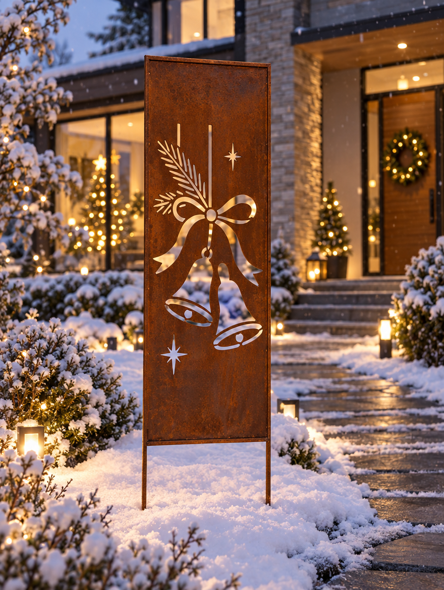 Sichtschutz Gartenpaneel Metall – Motiv Weihnachtsglocken, 160 × 50 cm