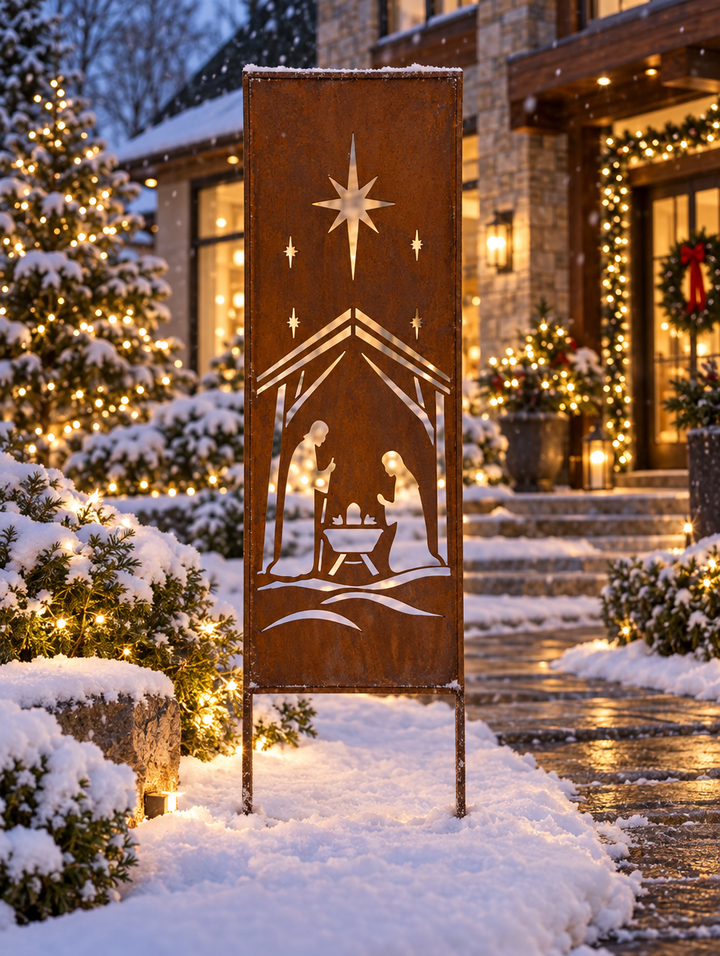 Sichtschutz Gartenpaneel Metall – Motiv Weihnachtskrippe, 160 × 50 cm