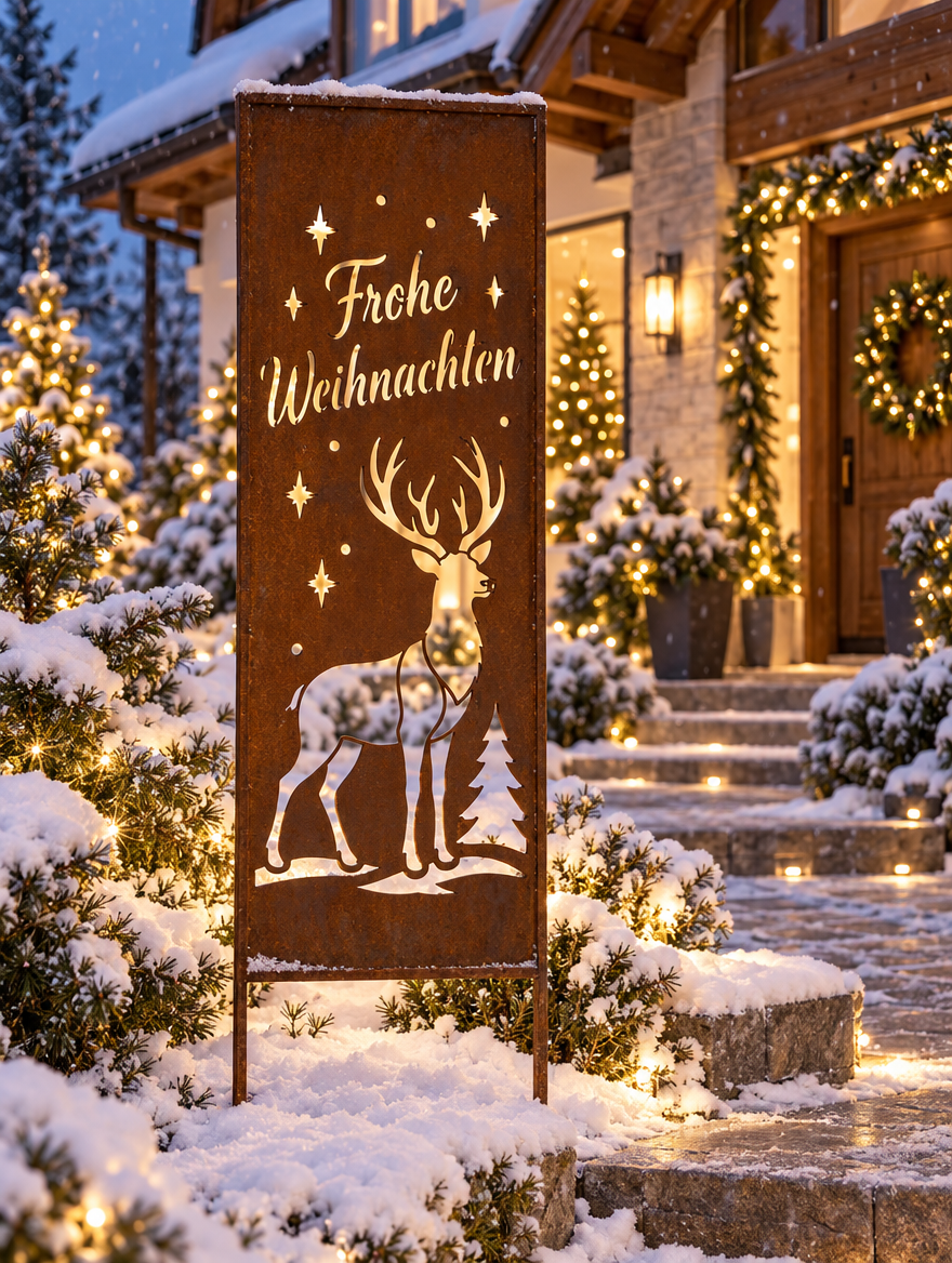 Sichtschutz Gartenpaneel Metall – Motiv Weihnachtshirsch, 160 × 50 cm