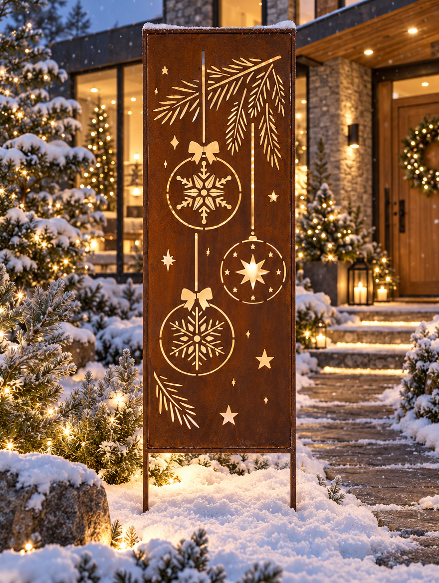 Sichtschutz Gartenpaneel Metall – Motiv Weihnachtskugeln, 160 × 50 cm