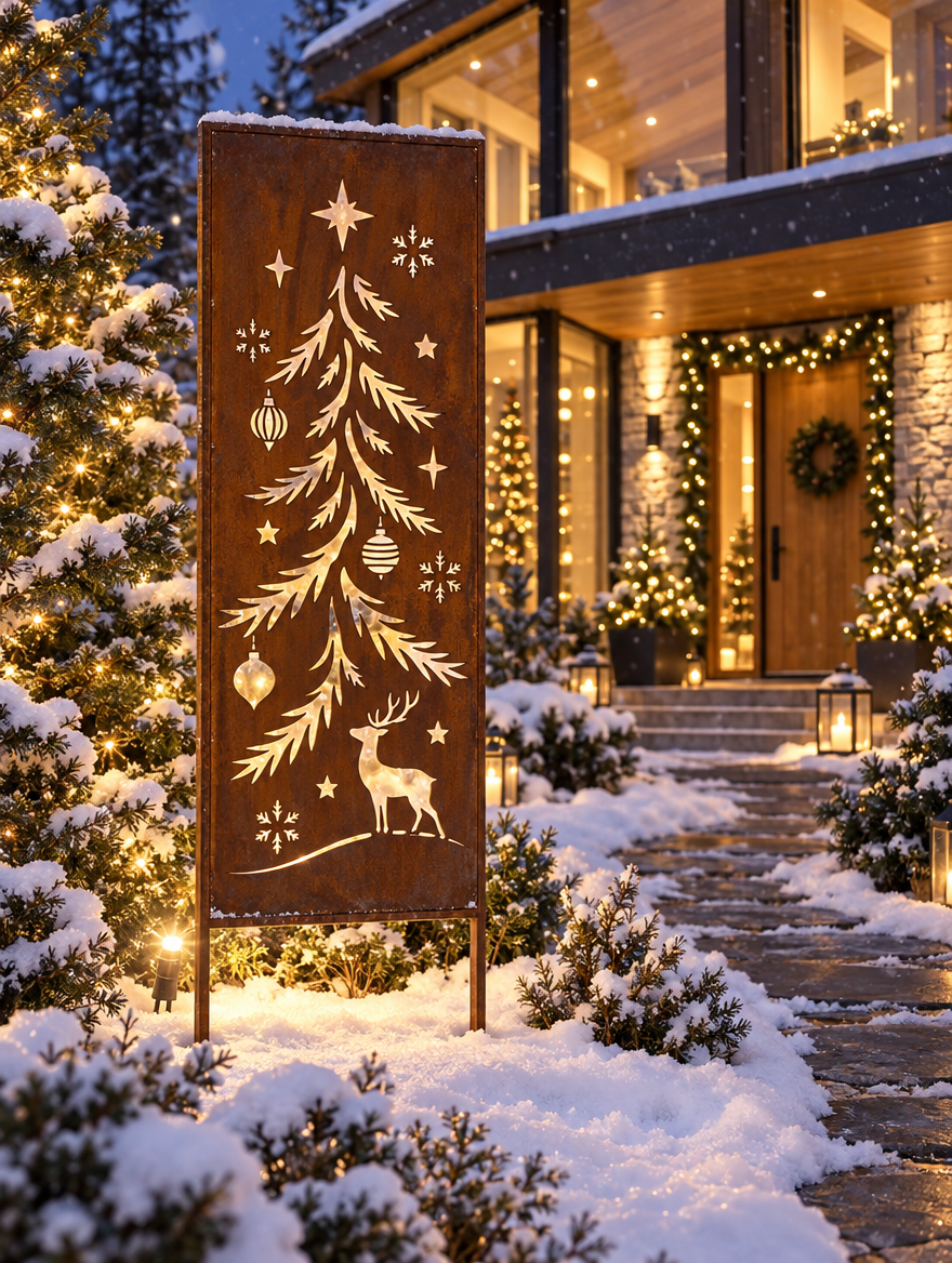 Sichtschutz Gartenpaneel Metall – Motiv Tannenbaum mit Hirsch, 160 × 50 cm
