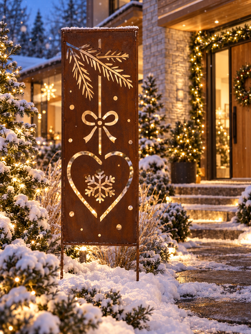 Sichtschutz Gartenpaneel Metall – Motiv Weihnachtsanhänger, 160 × 50 cm