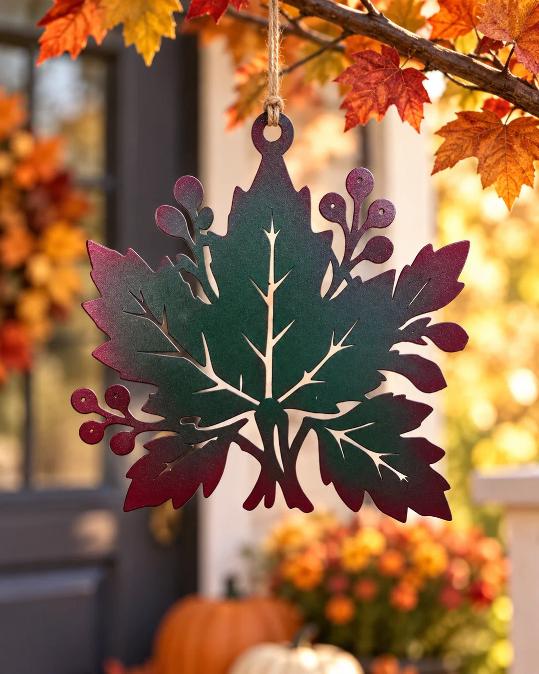 Metallanhänger BLATT MIT VOGELBEEREN – Herbst- und Weihnachtsdekoration