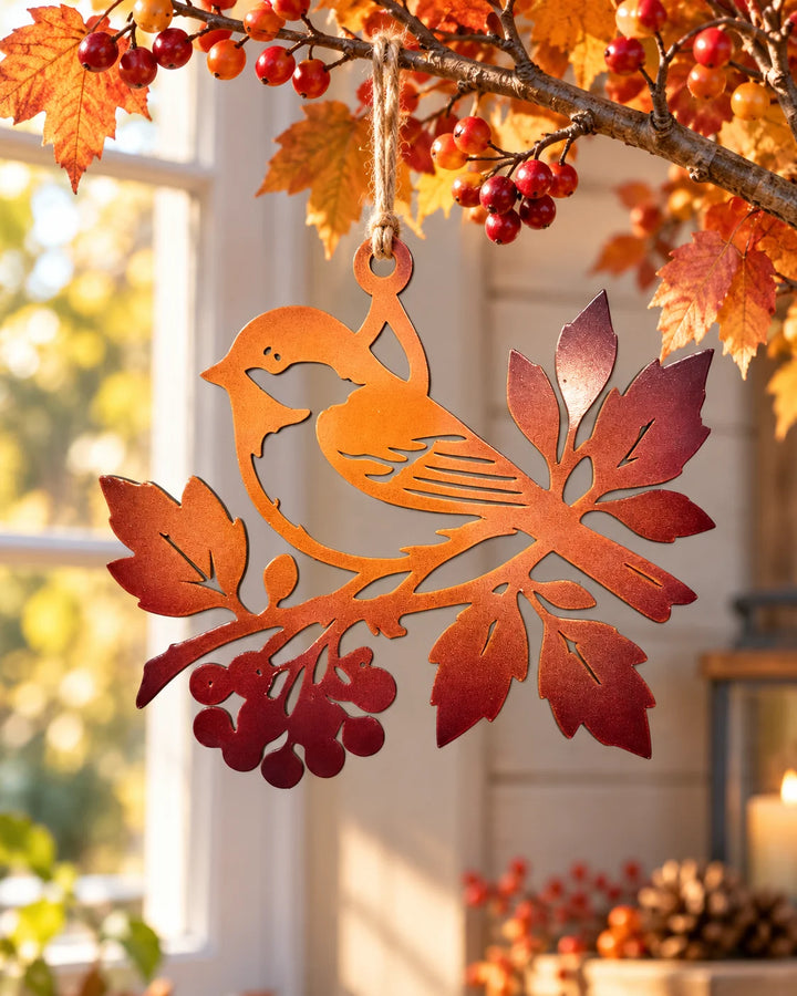 Metall-Anhänger VÖGELCHEN AUF ZWEIG – Herbst Dekoration mit Blättern und Früchten