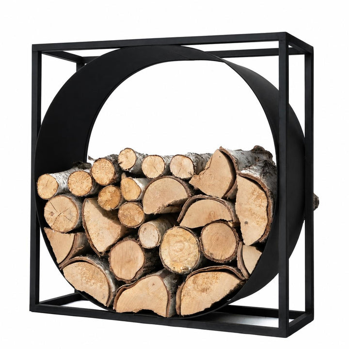 Kaminholzständer aus Metall – rechteckig mit Kreis – Holzregal aus Stahl 75x70 x35 cm