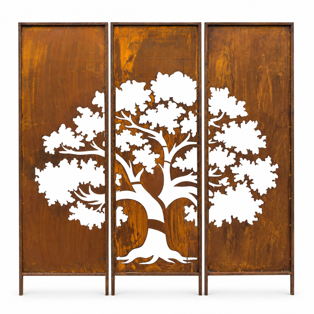 3er-Set Sichtschutz Gartenpaneel Metall – Motiv Baum, 160 × 50 cm