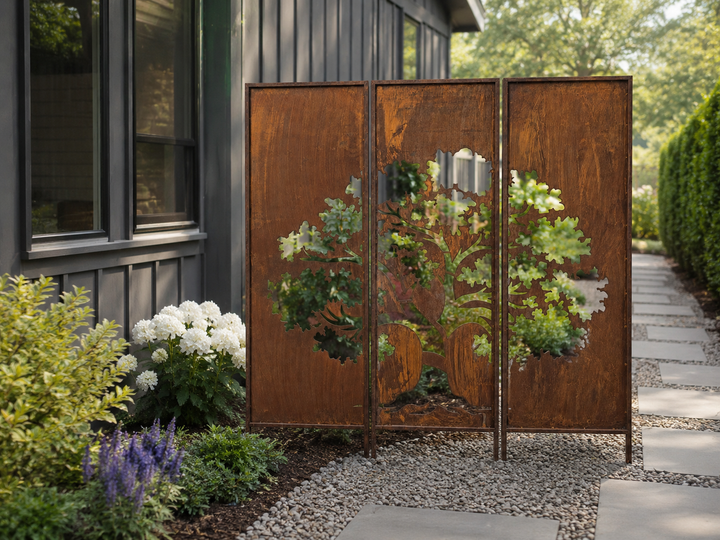 3er-Set Sichtschutz Gartenpaneel Metall – Motiv Baum, 160 × 50 cm