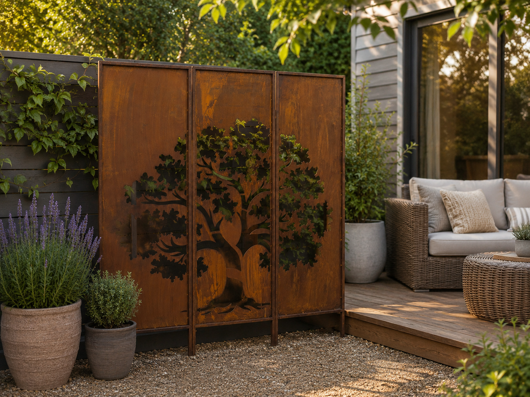 3er-Set Sichtschutz Gartenpaneel Metall – Motiv Baum, 160 × 50 cm