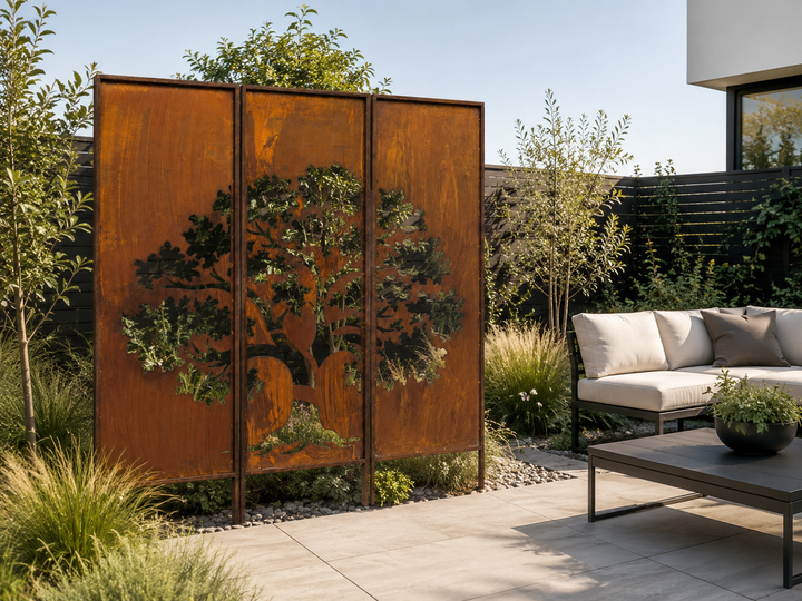 3er-Set Sichtschutz Gartenpaneel Metall – Motiv Baum, 160 × 50 cm